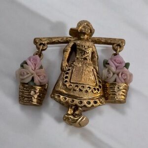 Brooch, Maid Carrying Flower Baskets, made by 1928 Jewelry, 1.5”, Vintag…